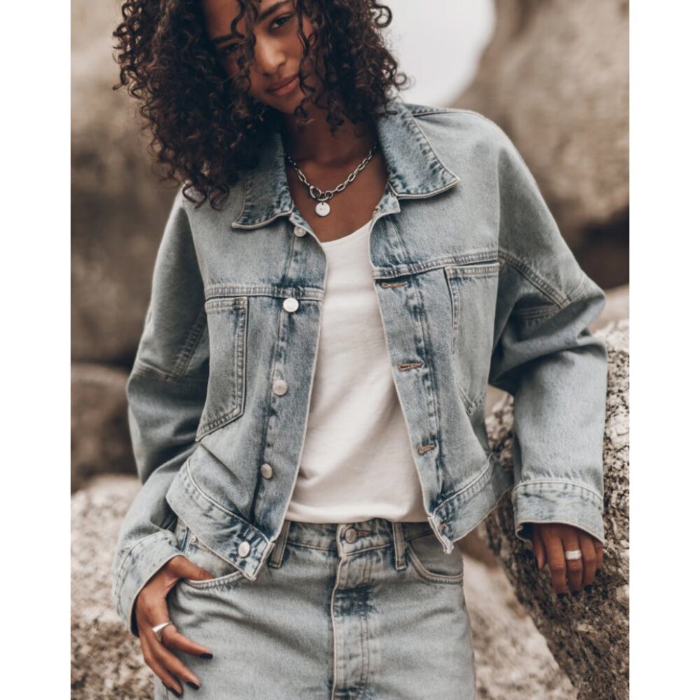 RETROFETE Destiny Oversized Cropped Elastic Cinched Waist Denim Jacket Sienna